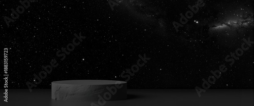 Cosmetic skin care product stand featuring abstract floating rock, asteroid in outer space galaxy with dark black universe stars, cosmos concept, clipping path photo
