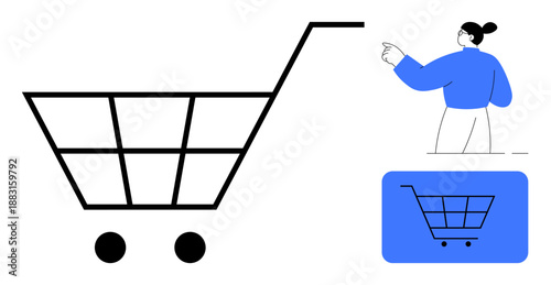 E-commerce, online shopping, digital retail, consumer behavior, mobile commerce, business transactions. Illustration of a shopping cart and a woman pointing. E-commerce and online shopping concept