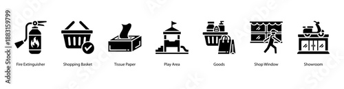 Store Goods web banner vector illustration featuring Fire Extinguisher, Shopping Basket, Tissue Paper, Play Area, Goods, Shop Window, and Showroom.