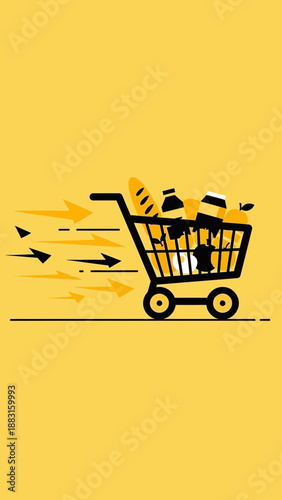 Speedy Grocery Delivery: A Fast Shopping Cart with Fresh Products and Arrows on Yellow Background