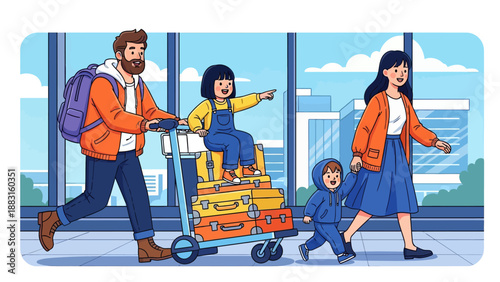 Happy Family Traveling at Airport Terminal Vector Illustration. Father Pushing Luggage Cart with Daughter Sitting on Suitcases, Mother Holding Son's Hand. Summer Vacation and Holiday Journey Concept.