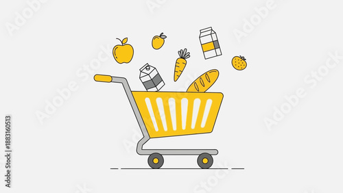 Shopping Cart Illustration: Grocery Items and Fresh Produce in Modern Minimalist Design