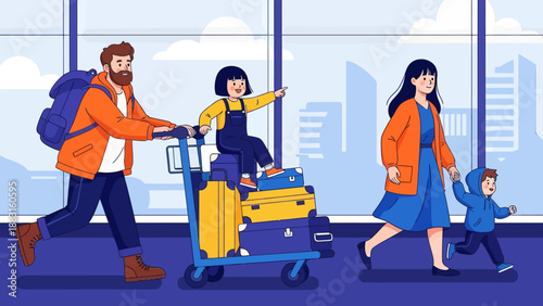 Happy Family Traveling at Airport Terminal Vector Illustration. Father Pushing Luggage Cart with Daughter Sitting on Suitcases, Mother Holding Son's Hand. Summer Vacation and Holiday Journey Concept.