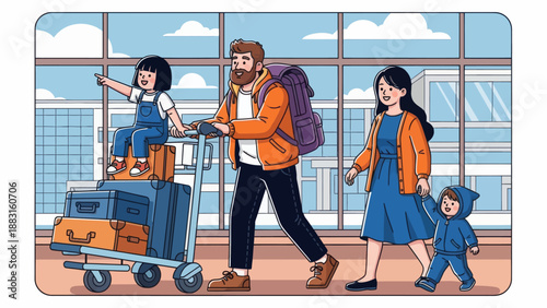 Happy Family Traveling at Airport Terminal Vector Illustration. Father Pushing Luggage Cart with Daughter Sitting on Suitcases, Mother Holding Son's Hand. Summer Vacation and Holiday Journey Concept.
