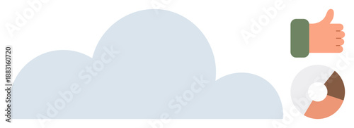 Cloud technology, data analytics, online services, digital storage, business success, user feedback. Large cloud shape, thumbs-up icon and pie chart. Cloud technology and data analytics focus