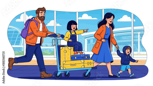 Happy Family Traveling at Airport Terminal Vector Illustration. Father Pushing Luggage Cart with Daughter Sitting on Suitcases, Mother Holding Son's Hand. Summer Vacation and Holiday Journey Concept.