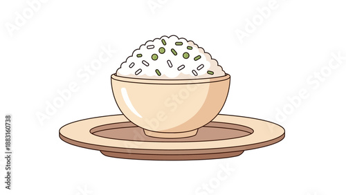Steaming Rice in a Bowl, Resting on a Plate, Ready for Enjoyment, Colorful Illustration