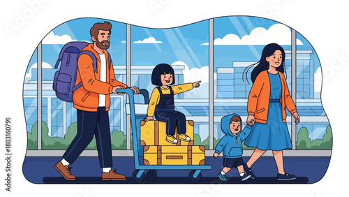 Happy Family Traveling at Airport Terminal Vector Illustration. Father Pushing Luggage Cart with Daughter Sitting on Suitcases, Mother Holding Son's Hand. Summer Vacation and Holiday Journey Concept.