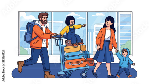 Happy Family Traveling at Airport Terminal Vector Illustration. Father Pushing Luggage Cart with Daughter Sitting on Suitcases, Mother Holding Son's Hand. Summer Vacation and Holiday Journey Concept.
