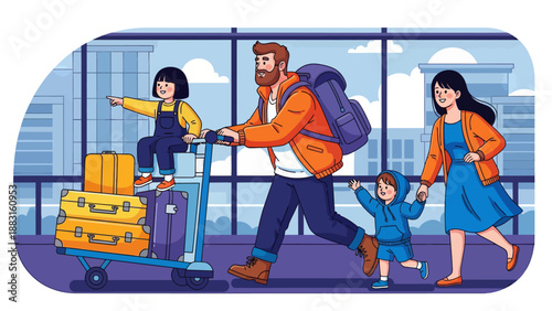 Happy Family Traveling at Airport Terminal Vector Illustration. Father Pushing Luggage Cart with Daughter Sitting on Suitcases, Mother Holding Son's Hand. Summer Vacation and Holiday Journey Concept.
