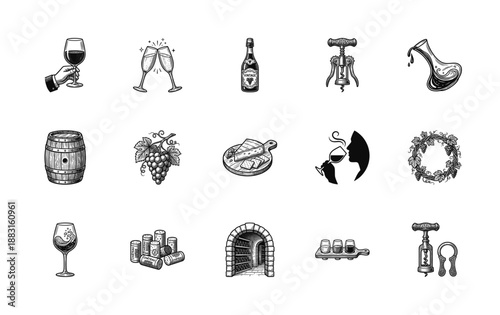 Hand-Drawn Woodcut Engraving Wine Tasting Graphic Element Kit for Luxury Viticulture Branding