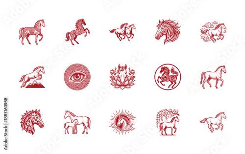Vintage Red Engraving Horse Illustration Asset Sheet for Mystical Branding and Tattoo Design