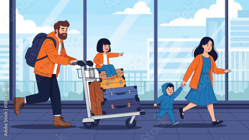 Happy Family Traveling at Airport Terminal Vector Illustration. Father Pushing Luggage Cart with Daughter Sitting on Suitcases, Mother Holding Son's Hand. Summer Vacation and Holiday Journey Concept.