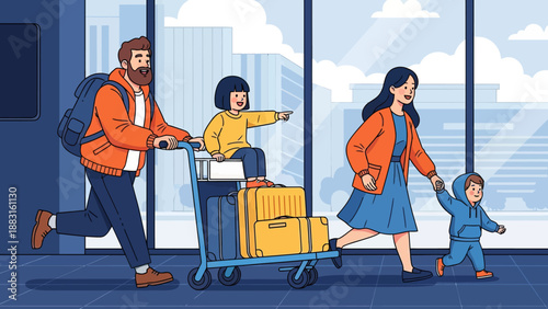Happy Family Traveling at Airport Terminal Vector Illustration. Father Pushing Luggage Cart with Daughter Sitting on Suitcases, Mother Holding Son's Hand. Summer Vacation and Holiday Journey Concept.