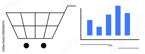 Minimal shopping cart linked to blue bar graph. Ideal for e-commerce, sales data, consumer behavior, market trends, retail analysis, financial growth, business strategy. Simple flat metaphor