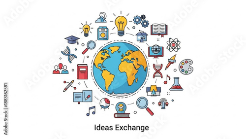 Global education icons surround earth globe concept