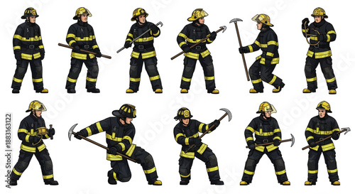 Set of 11 Diverse Firefighter Poses in Full Gear with Tools and Equipment