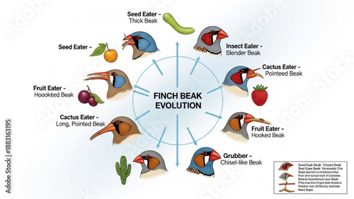Finch beak evolution diagram showing adaptation and variation