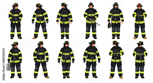 Set of professional firefighters in full uniform, ready to respond to emergencies