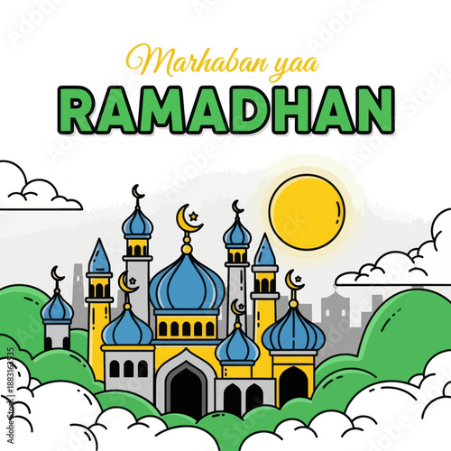 Marhaban ya Ramadhan Greeting Card with Beautiful Mosque and Full Moon Background, Islamic Holy Month Celebration Concept, Vector Illustration of Masjid and Moon in Flat Design Style.