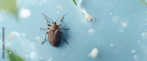 Blue background with a brown marble stink bug, Halyomorpha halys