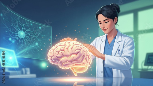 Female scientist examines glowing brain in laboratory setting
