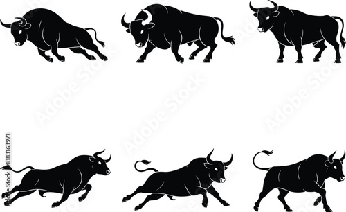 Bull silhouettes in dynamic poses, strength and motion, black design, minimal art, animal power, branding and symbolism