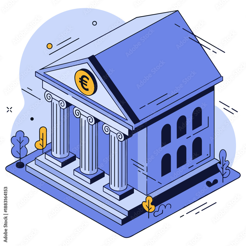 Fototapeta premium Stylized blue bank building with euro symbol and columns on white background. No editable stroke