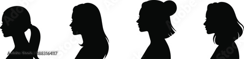 Female profile silhouettes with varied hairstyles, black design, minimal art, hair styling diversity, anonymous identity, fashion concept