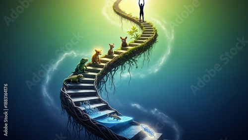 Man on winding staircase with rabbits to glowing light above water