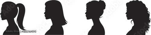 Female profile silhouettes with distinct hairstyles, black design, minimal art, hair styling diversity, fashion identity, side view