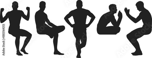 Human silhouette set in seated and squatting poses, posture diversity, black design, minimal art, body language illustration