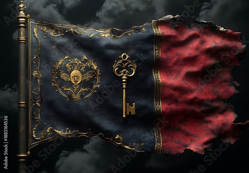 Ornate Tattered Flag with Golden Key and Emblem on Dark Cloudy Sky image photo