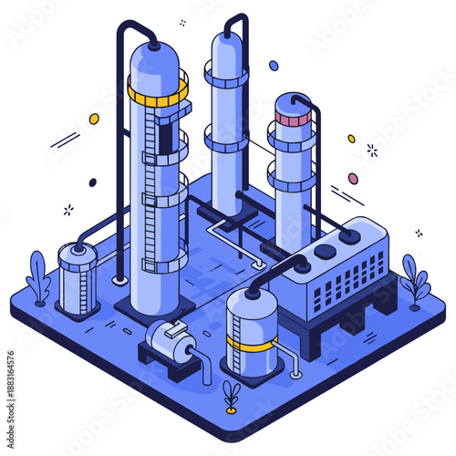 Isometric industrial facility illustration with equipment and pipelines. No editable stroke