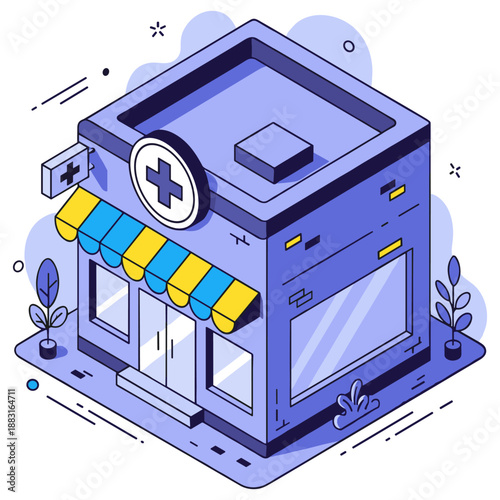 Isometric vector art of a modern healthcare building with pharmacy features. No editable stroke