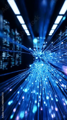 Abstract Digital Data Flow in Server Room with Blue Light Trails.