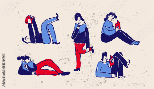 Diverse People Reading Books Lifestyle Set in Naive Hand Drawn Style