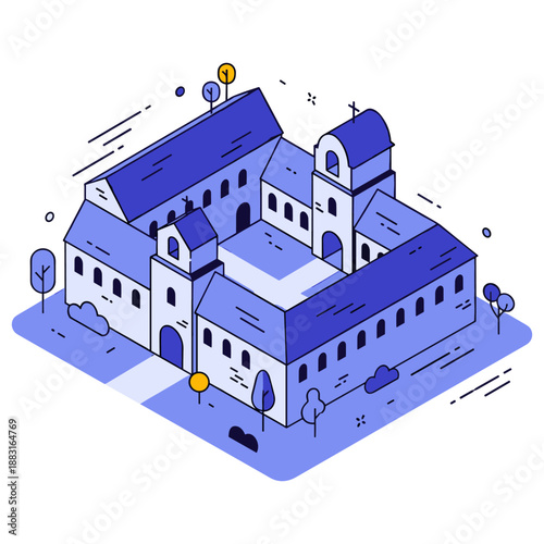 Isometric monastery illustration with courtyard and minimalistic design. No editable stroke