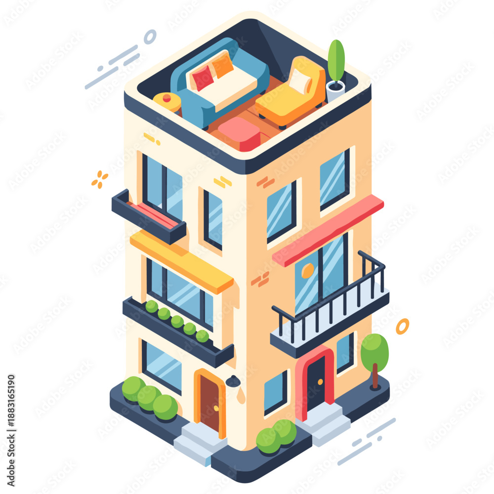 Obraz premium Colorful isometric apartment building with rooftop terrace