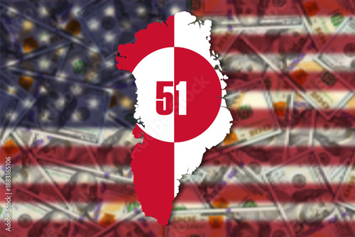 Vector political and economic banner. Map of Greenland in national colors. 51. Blurred flag of United States of America and many blurry 100 dollars banknotes