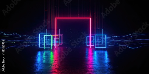 Create a vibrant neon backdrop with laser lighting and rectangular geometric patterns for digital art