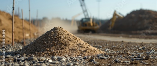 Pile of stones and construction sand adjacent to construction area