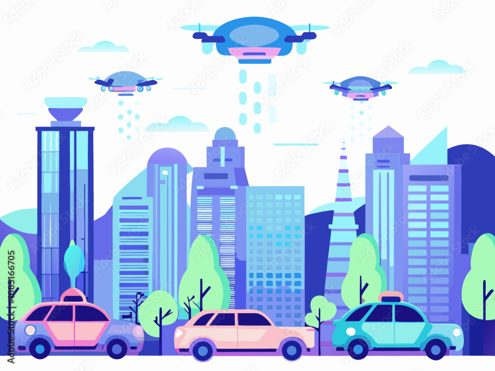 Obraz premium modern cityscape with drones delivering packages amidst cars and tall buildings