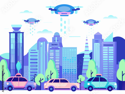 modern cityscape with drones delivering packages amidst cars and tall buildings