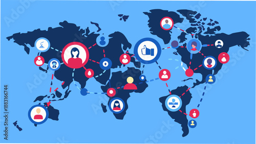 a world map illustration with connected people icons representing global communication