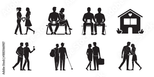 Diverse black silhouette vector set depicting couples engaging in daily life activities including walking sitting embracing and relaxing at home or outdoors showcasing variety