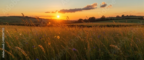 Sunset over wild grass in Oxfordshire meadow