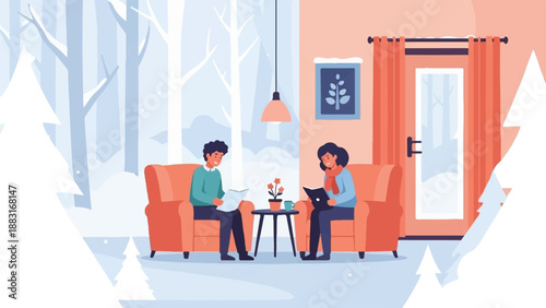 Two people relax indoors reading books while snow falls outside