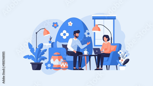 Two people relax indoors, one on laptop, near plants and Easter eggs