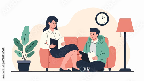 Two people reading books on a couch, a plant and lamp nearby